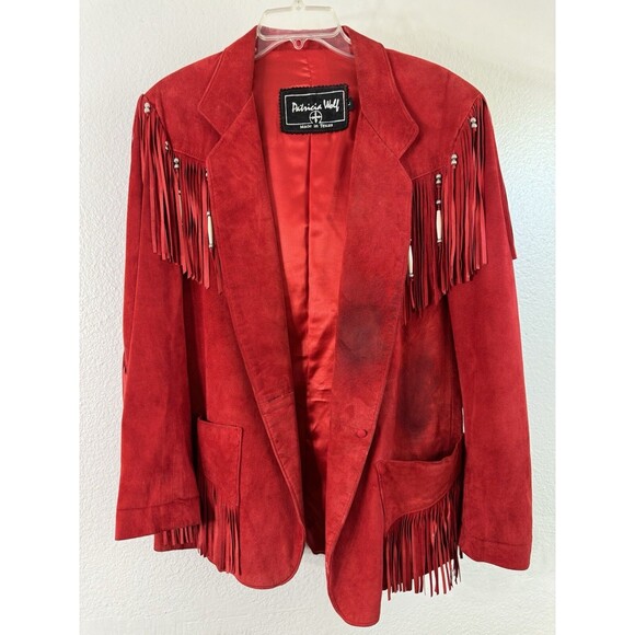 Patricia Wolf Pig Suede Red Leather Jacket Fringe Beads Western Cowgirl DEFECTS - Picture 2 of 16